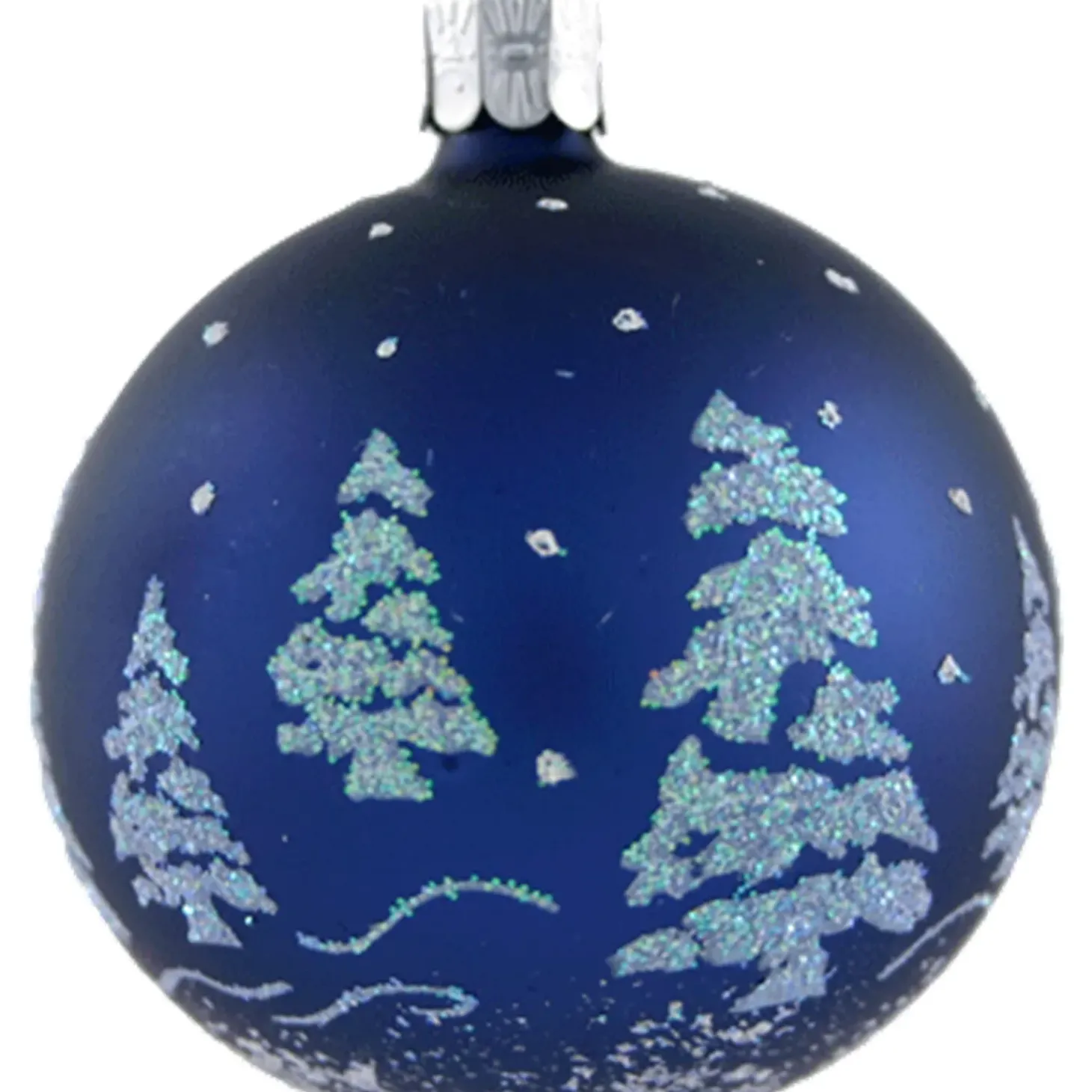 Glaskugel Blau Mit Glitzer Baumen, 7 Cm