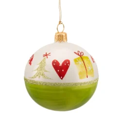 Glaskugel Grun-Weis Mit Weihnachtlichem Dekor, 7 Cm
