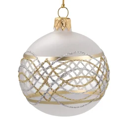 Glaskugel Matt-Weis/Klar Mit Gold-Silberner Verzierung, 6 Cm