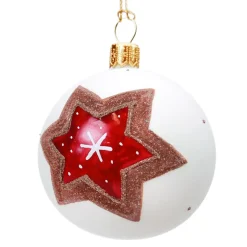 Glaskugel Weis Matt Mit Lebkuchenstern, 10 Cm